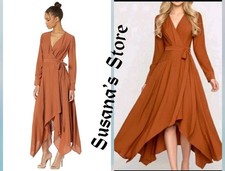 MAXI ABITO NUOVO CON ETICHETTE BCBG MAXAZRIA TAGLIA XS LEGNO DI SIDRO AVVOLGENTE ASIMMETRICO