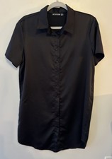 Pretty Little Thing Shirt Dress Size 8 Black Satin Short Sleeve Button Down LBD
