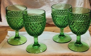 4 Vintage LE Smith Water Goblet Hobnail Green Footed Glasses Used Good Condition