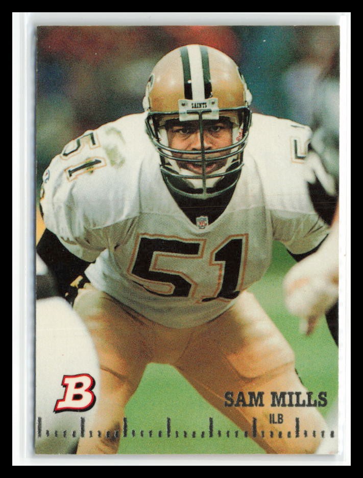 Sam Mills #128 Football Cards 1994 Bowman trading card — raw and PSA graded price guide