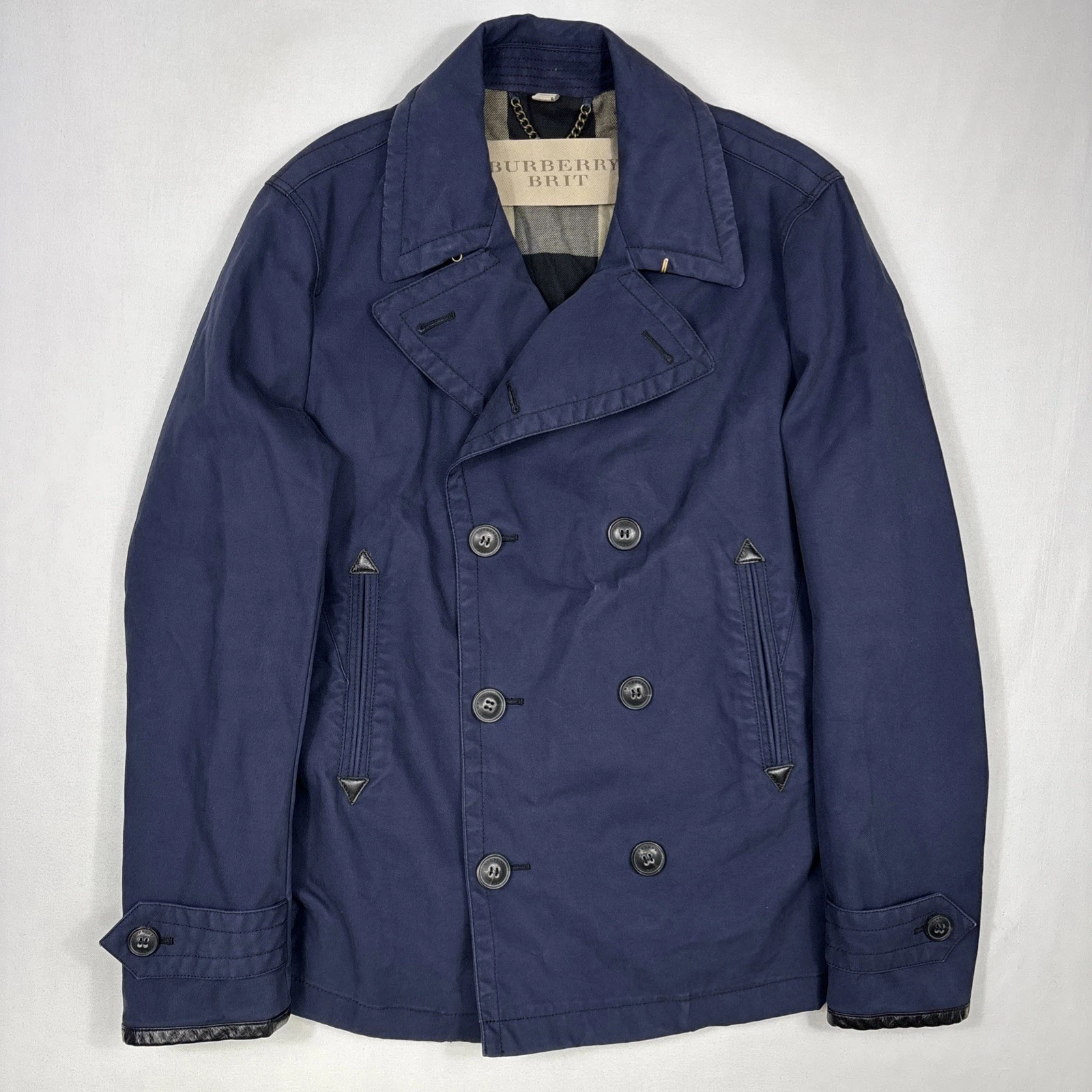 Burberry Brit Peacoat Jacket Men's M Navy Leather Trim Double Breasted Coat EUC