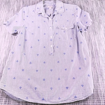 J.Crew Womens Blue Anchor Stripe Short Sleeve Button Up Top Cotton Size Medium