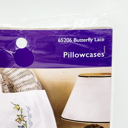Vintage Bucilla Pillowcases Stamped Cross Stitch Butterfly Lace Set 2 NEW 65206 - Picture 4 of 6