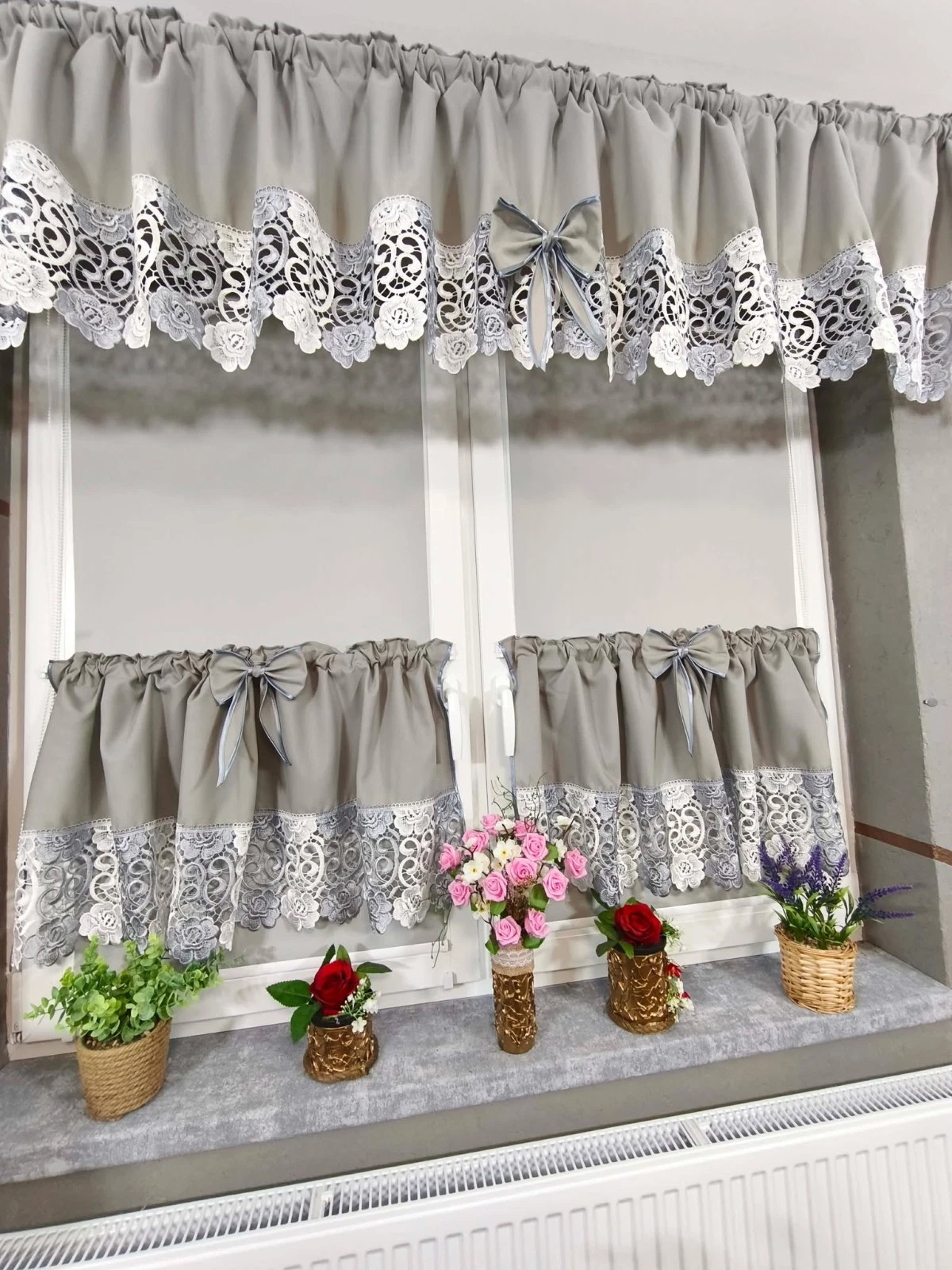 Grey Lace Curtain Set Valance + 2 Café Curtains Bows Kitchen 300x50 cm