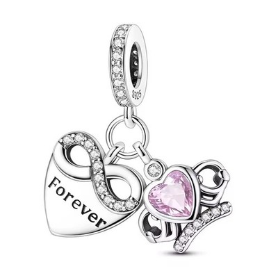 Forever Infinity Heart Dangle Charm Fit Bracelet Necklace, 925 Sterling Silver,