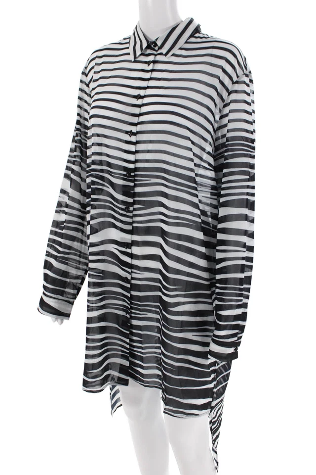 Vestido camisero negro con botones manga larga cuello a rayas Gottex para mujer talla L Foto 2 de 4