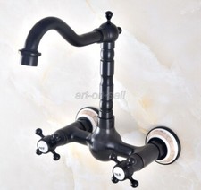 Oil Rubbed Brass Bathroom Basin Faucet Wall Mount Double Handle Mixer Sink Tap