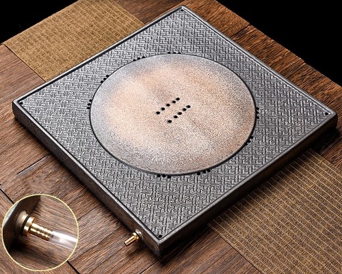 Square Tea Tray Ceramic Serving Tray Antique Style Water Draining Reservoir Tray - Picture 6 of 13