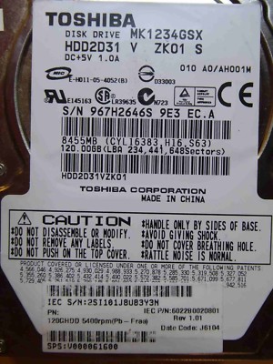 Toshiba MK1234GSX HDD2D31  V ZK01 S | 010 A0/ AH001M | 120GB #06