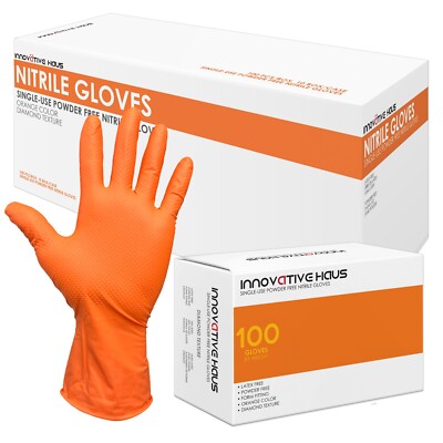 8 Mil Orange Disposable Nitrile Gloves. Raised Diamond Texture - Large- 10 Boxes