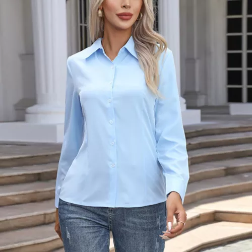 Damen Button Down Shirt Top Bluse Langarm Kragen Einfarbig Büro Arbeit Kleid - Bild 11 von 29