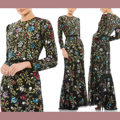 NWT $798 Mac Duggal [ 4 ] Floral Embellished Long Sleeve Gown Black Multi  #J25 | eBay