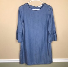 BeachLunchLounge Women’s Blue Chambray Bell Pleated Sleeve Shift Dress Sz S
