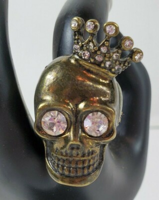 Vtg Skull With Crown Adjustable Brass Ring Rhinestones Crown Head Gothic 