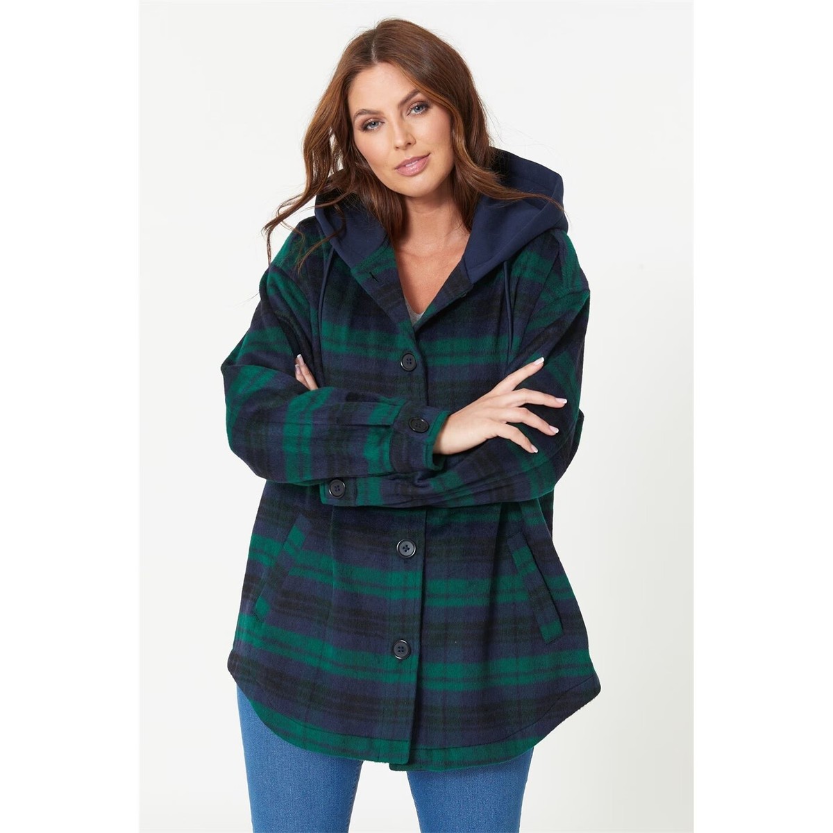 Ladies Oversized Hooded Check Shacket Jacket Coat Checked Blue Green NEW