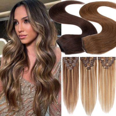 Clip in 100% Remy Human Hair Extensions 8 Pieces Full Head Weft 12''-24'' Balayage