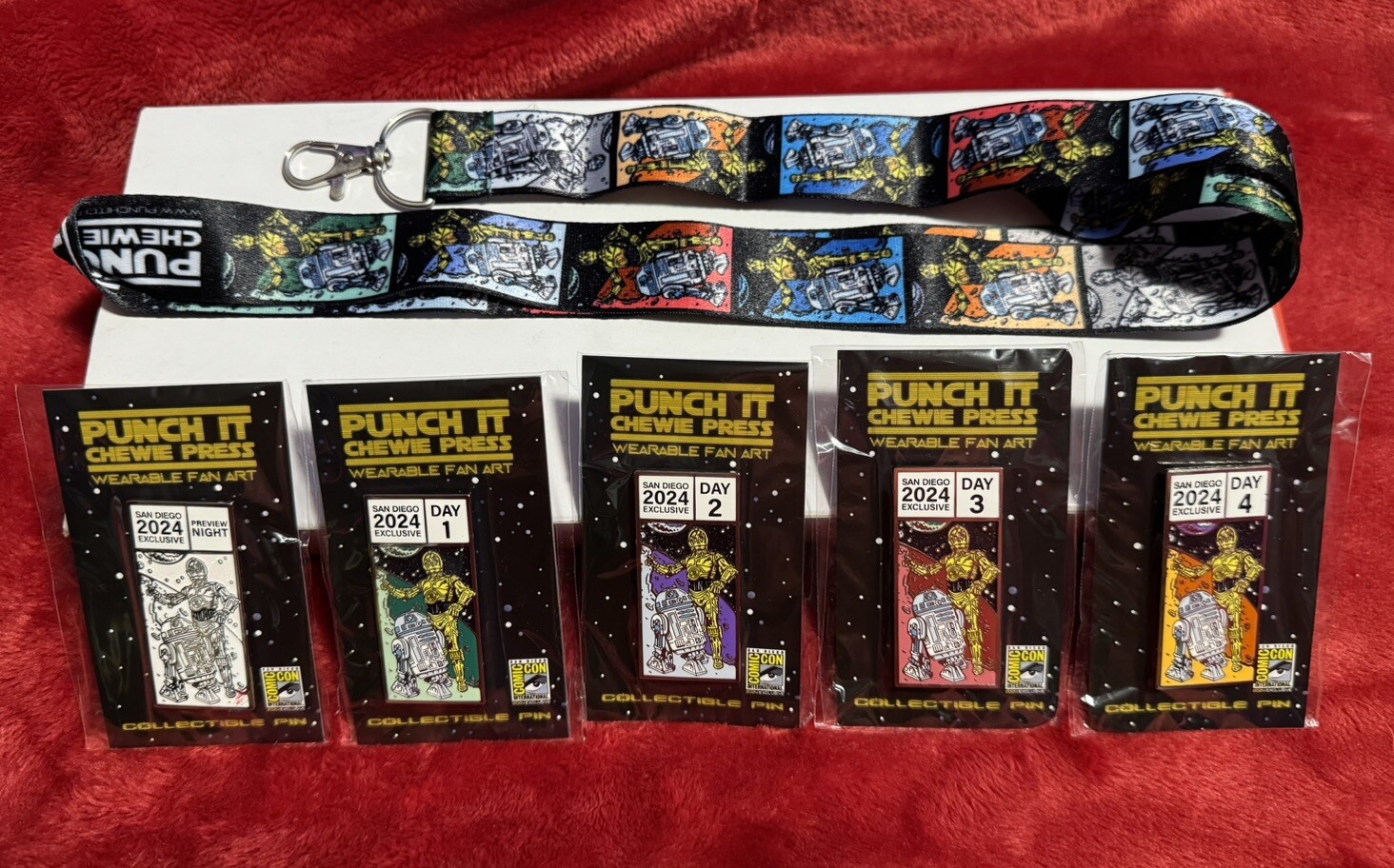 SDCC 24 Punch it Chewie Press Full Set Star Wars Daily Pins -C3PO R2D2 & Lanyard