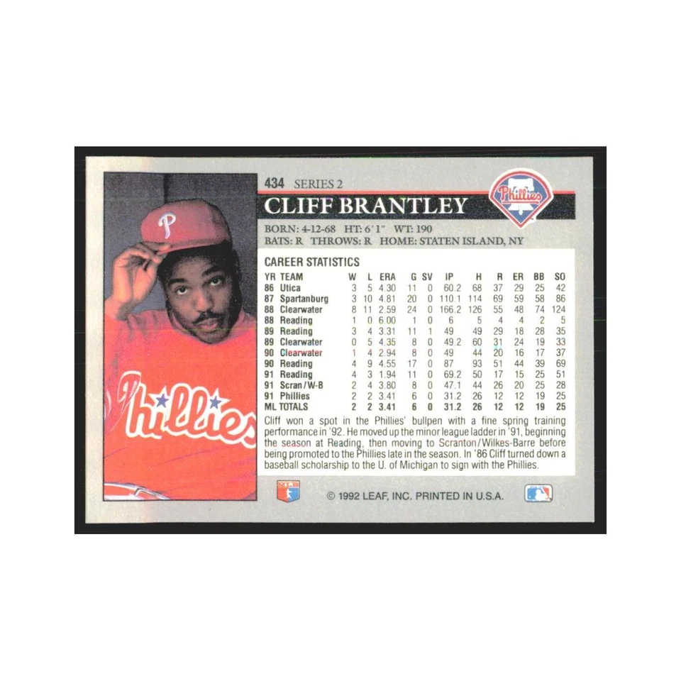 1992 Leaf Cliff Brantley Phillies #434.0 - Image 2 of 3