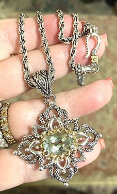  Barbara Bixby Sterling and Gold Pendent with Green stone and 20 inch chain  