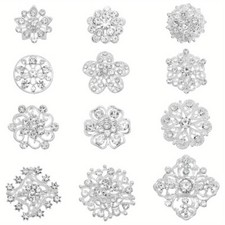 1set 12pcs Clear Rhinestone Brooches Kit 19.5 28.5mm/0.7 1.1" Flower Brooches