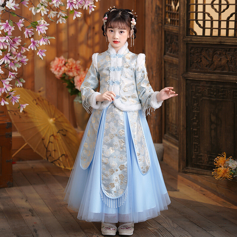 Girl New Year Dress Chinese Hanfu Fleece Lined Embroidered Tang Suit Thick  Retro