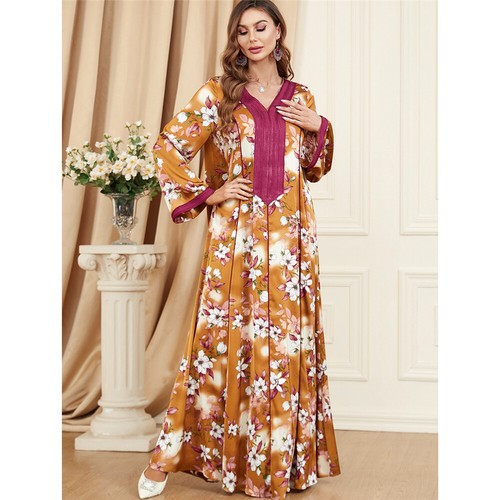 Muslim Floral Kaftan Islamic Women Maxi Dress Ramadan Dubai Caftan Moroccan Gown - Picture 23 of 216