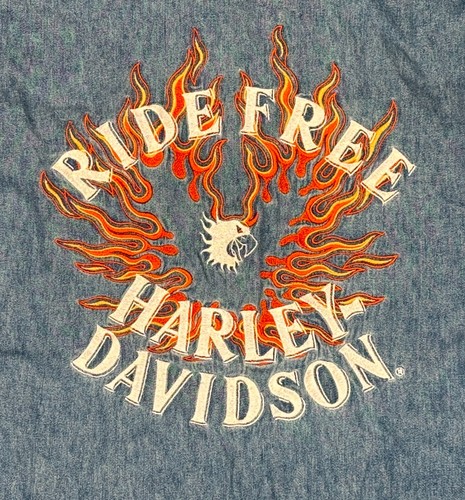 Camisa vaquera Harley Davidson para hombre de colección bordada Flames Ride Free talla grande - Imagen 14 de 14