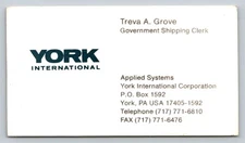 Vintage Business Card York International Grove Pennsylvania