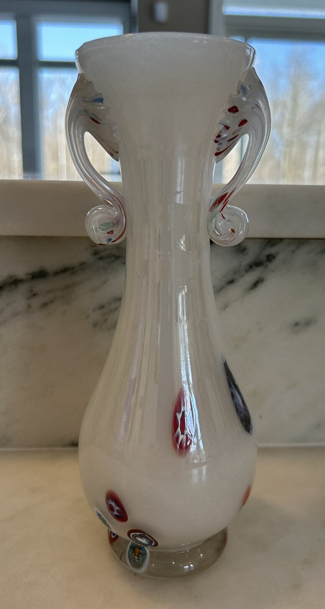 Vintage Murano Art Glass Lavorazione Millefiori Vase White Hand
