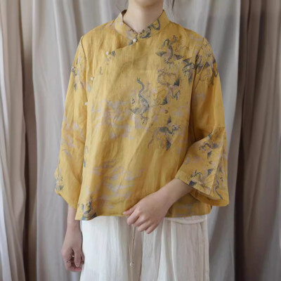 Womens Linen Tops Traditional ethnic Printed Retro Button Shirt Hanfu T-shirt 