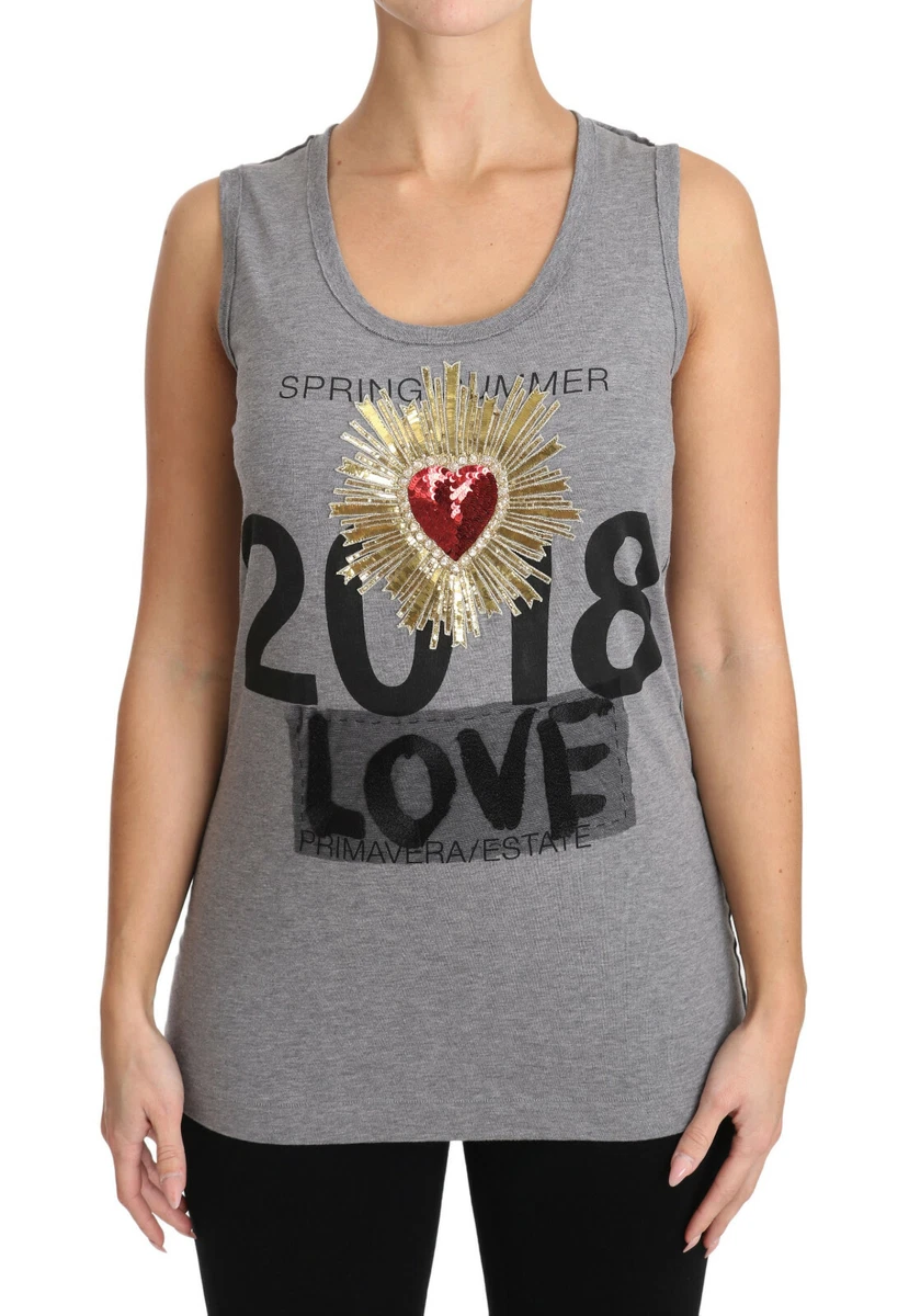 DOLCE GABBANA T shirt Gray Tank Top Crystal Sequined Heart IT38