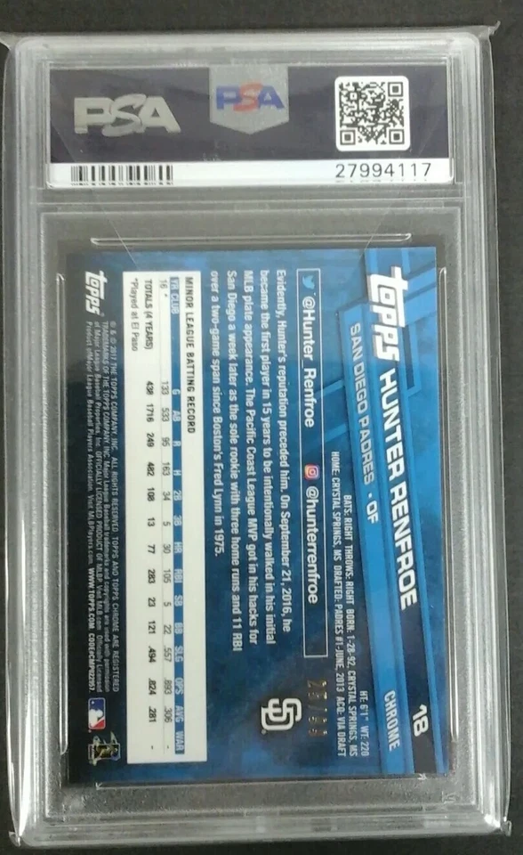2017 TOPPS CHROME HUNTER RENFROE GREEN REFRACTOR #18 PSA 10 PHOTO VARIATION - Image 2 of 2