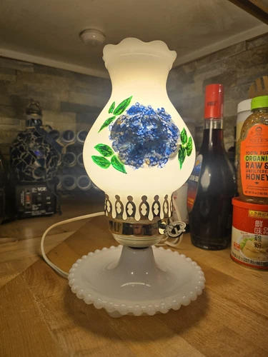 Vintage Electric Hurricane Lamp Milk Glass hand painted.