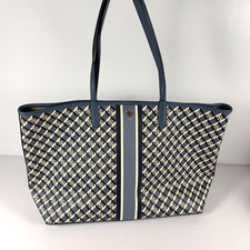 Tory Burch Geo Logo Tote Blue Stripe Canvas Leather Trim Snap Close Shoulder Bag