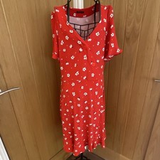 Roman Red Floral Midi Dress V-Neck Short Flounce Sleeve Button A-Line 12