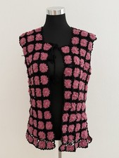 Vintage Häkelweste Damen Schwarz Pink Blumen Crochet Boho Festival Weste Gr. S/M