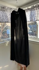 Black Hooded Costume Cape   Velvet Look, Full Length, Tie Front