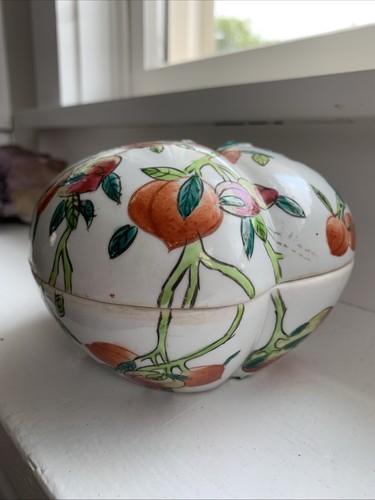 Vintage Chinese Porcelain Rose Famille Peach Box Peaches Covered Jar Dish - Picture 17 of 23