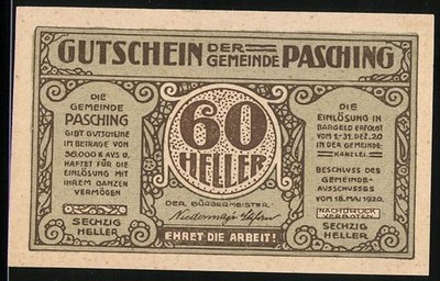 Notgeld Pasching, 1920, 60 Heller, Ortskirche mit dem Zwiebelturm und Text Ehre 