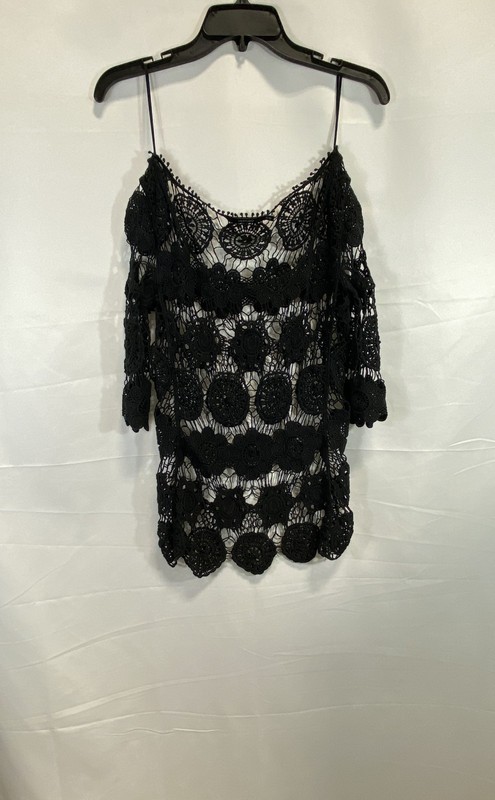 Vertigo Women's Black Cotton Crochet Floral Blouse Pom Pom Trim Sz S/M