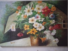 Hand-painted oil painting on canvas, vase with flowers, 60x90 cm, with...