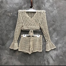 Crochet 2 Pcs Set Bell Sleeve Wrap Top Shorts Boho Beach Festival Beige Cream