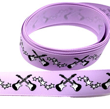 3 yards 7/8" Crossed Guitars  Stars on Lavender Grosgrain Ribbon 100 polyester