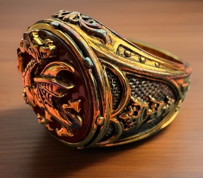 Brass and Red Enamel Chinese Dragon Themed Men s Ring Men s Size 9