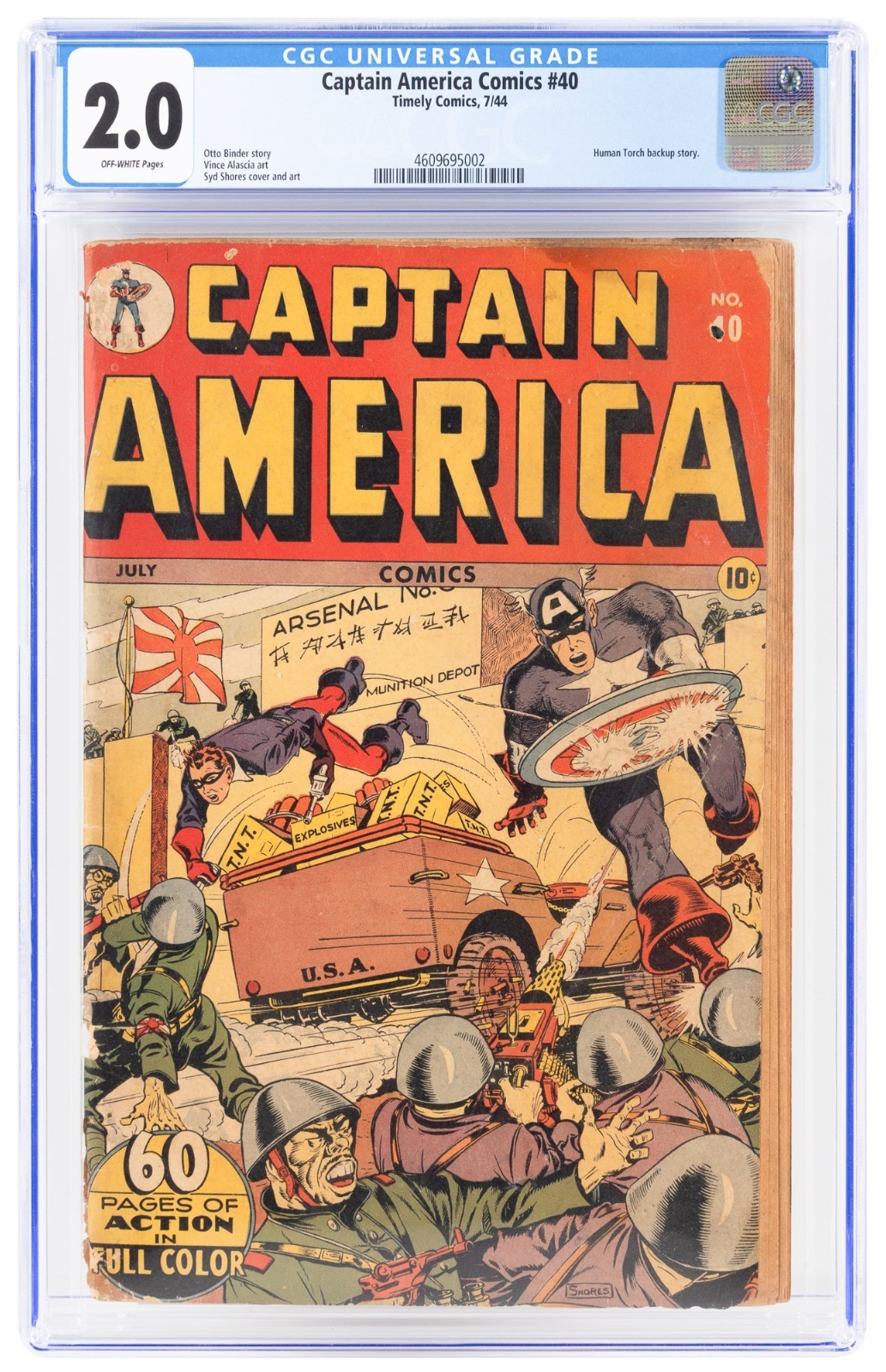 1944 Timely Marvel Captain America Comics 40 CGC 2.0. WW2 Human Torch Story
