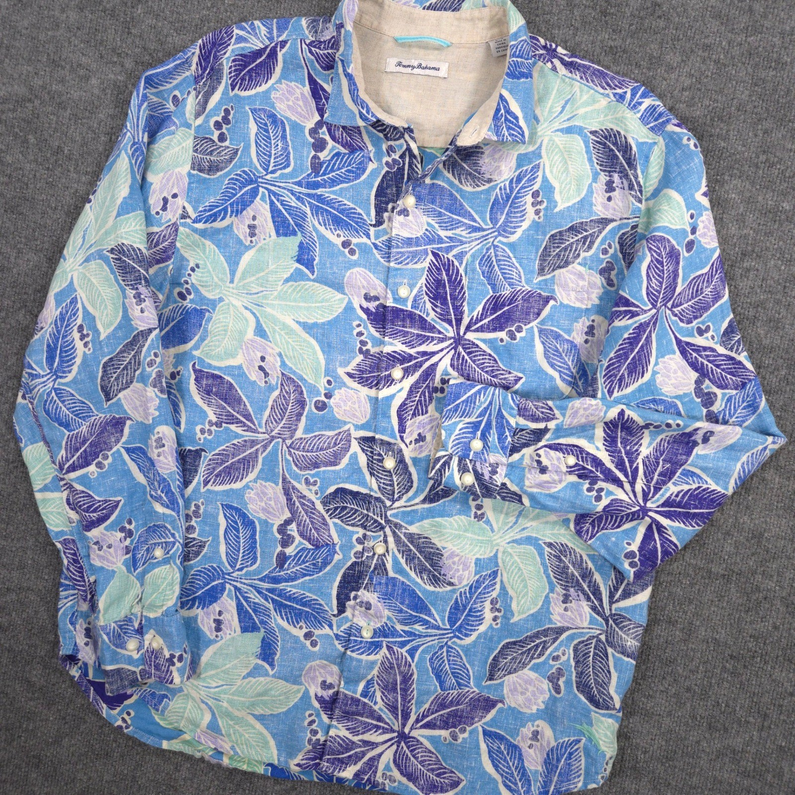 Tommy Bahama Linen Shirt Mens L Blue Hawaiian Floral Aloha Long Sleeve Button Up