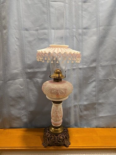 Large Antique Brass Base Milk Glass Oil Lamp With Petticoat Shade 26"