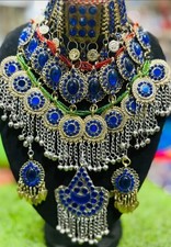 blue and red nikkah afghan stones neckles ,earing and headpiece for women