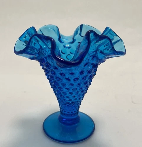 Vintage Fenton 4" Colonial Blue Hobnail Double Crimped Footed Vase Compote