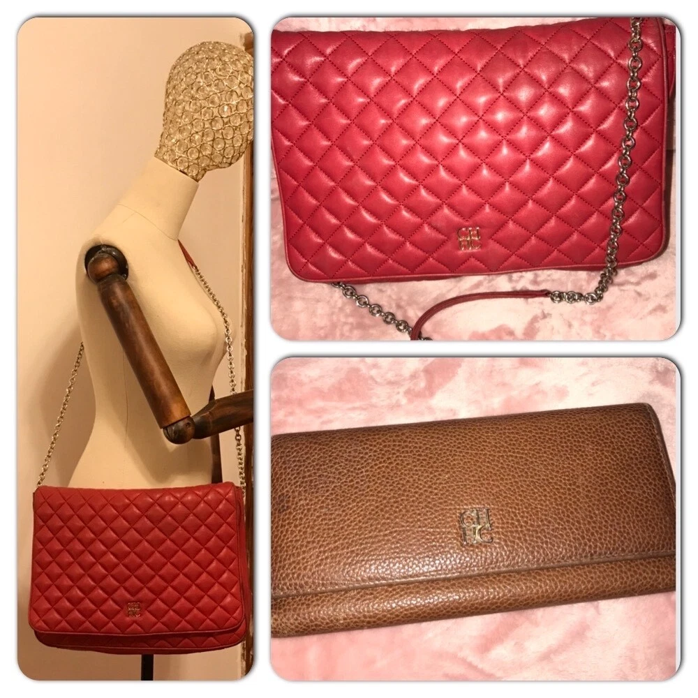 Carolina Herrera Quilted Red Leather Shoulder Bag with Chain Strap and  Wallet